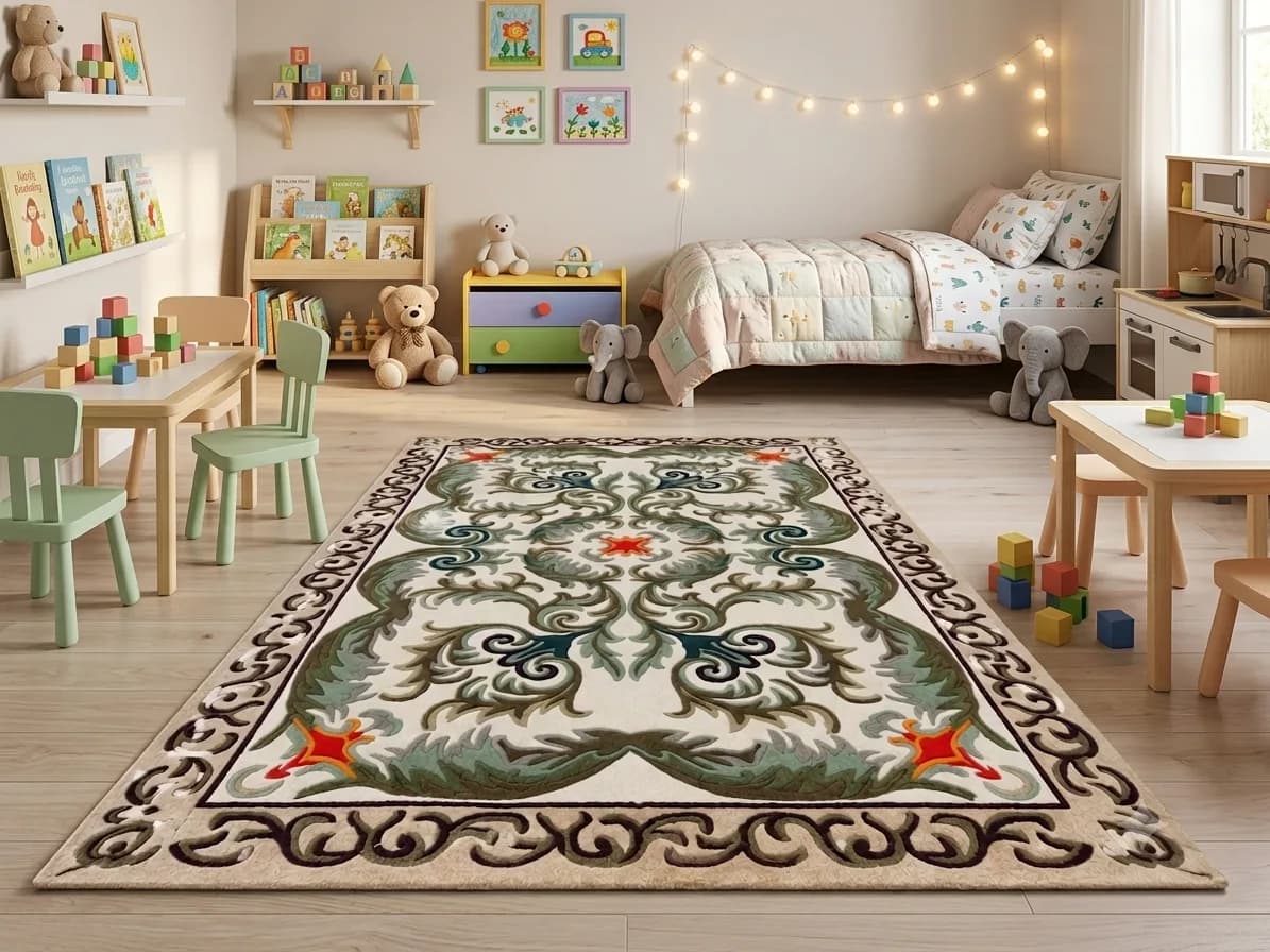 Traditional Floral Area Rug, Vintage Persian Style Rug, Ornamental Green Cream Rug, Elegant Living Room & Dining Room Decor