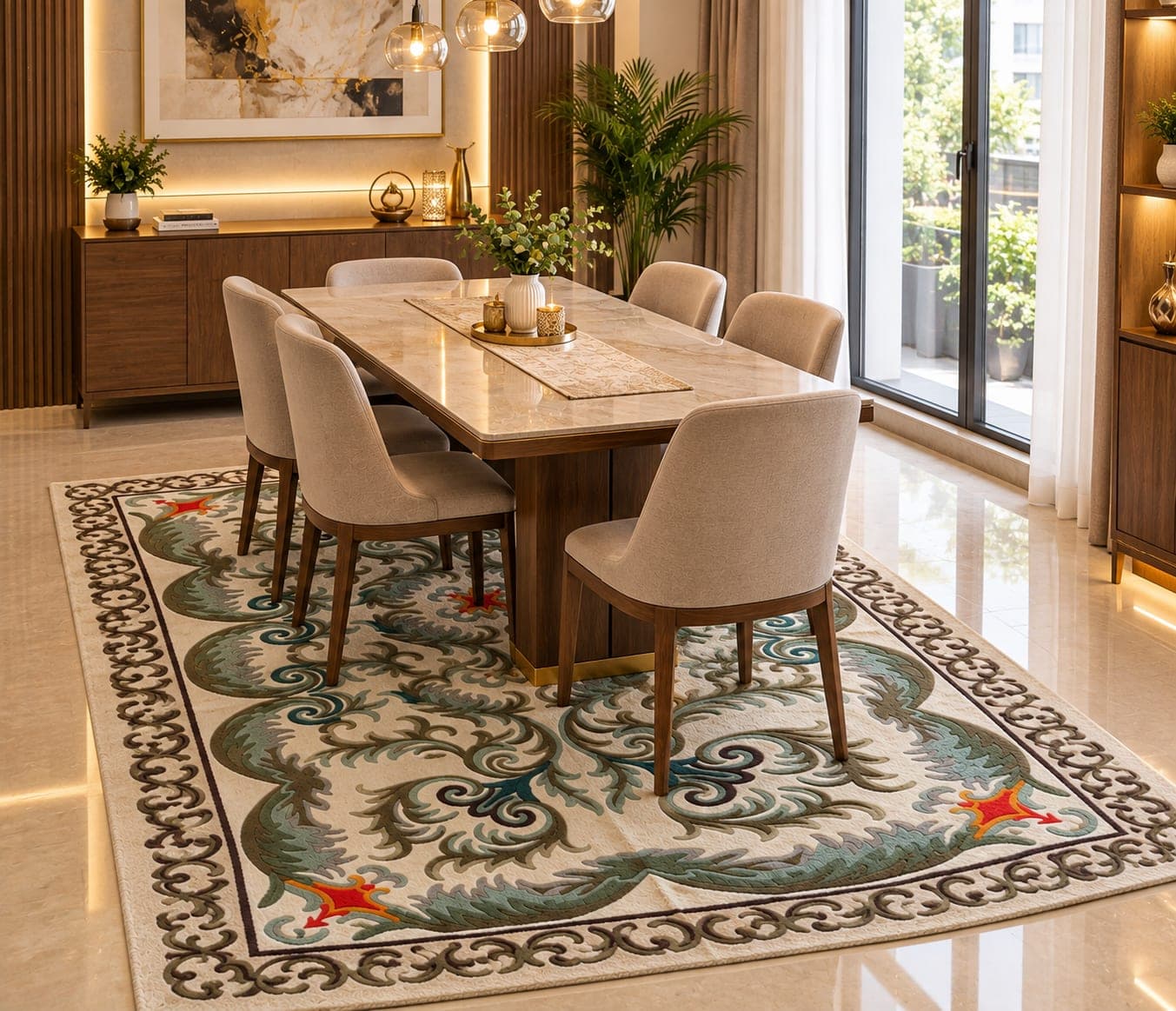 Traditional Floral Area Rug, Vintage Persian Style Rug, Ornamental Green Cream Rug, Elegant Living Room & Dining Room Decor