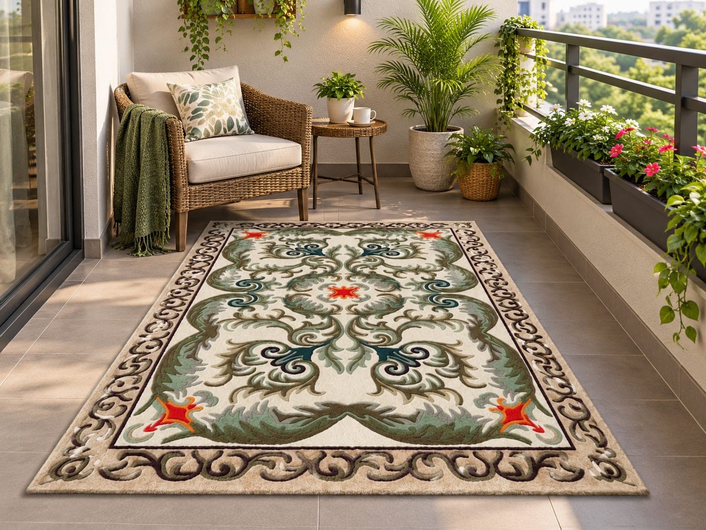 Traditional Floral Area Rug, Vintage Persian Style Rug, Ornamental Green Cream Rug, Elegant Living Room & Dining Room Decor