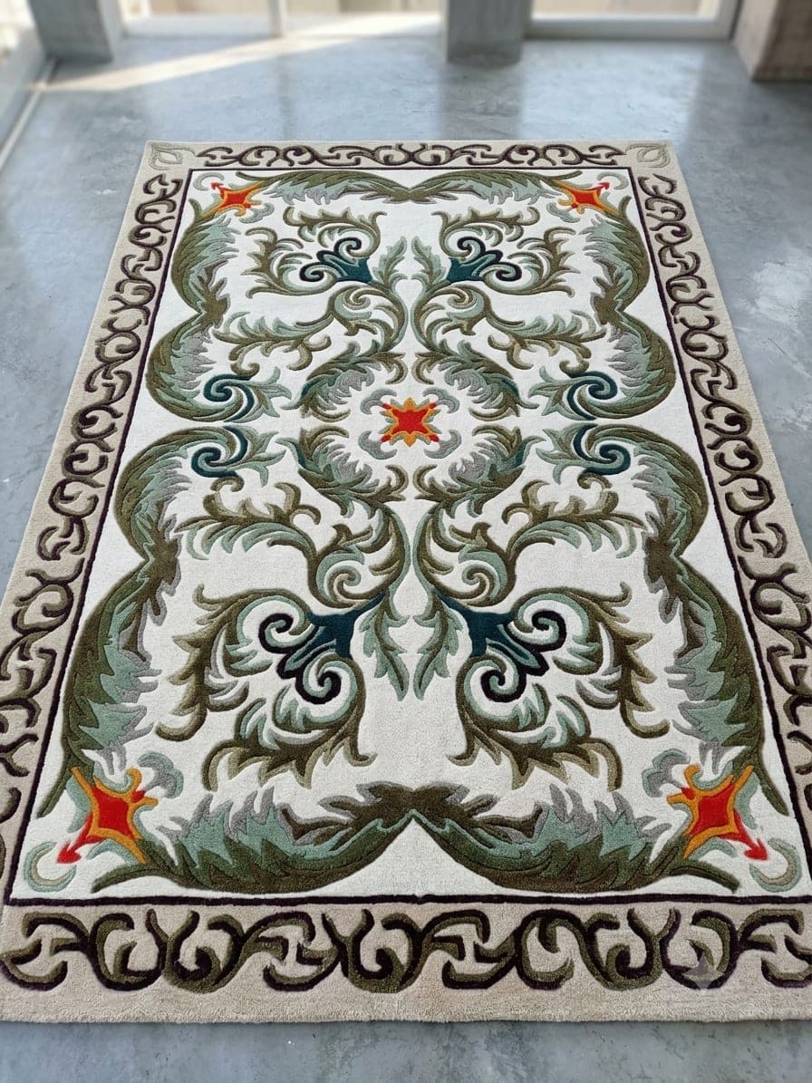 Traditional Floral Area Rug, Vintage Persian Style Rug, Ornamental Green Cream Rug, Elegant Living Room & Dining Room Decor