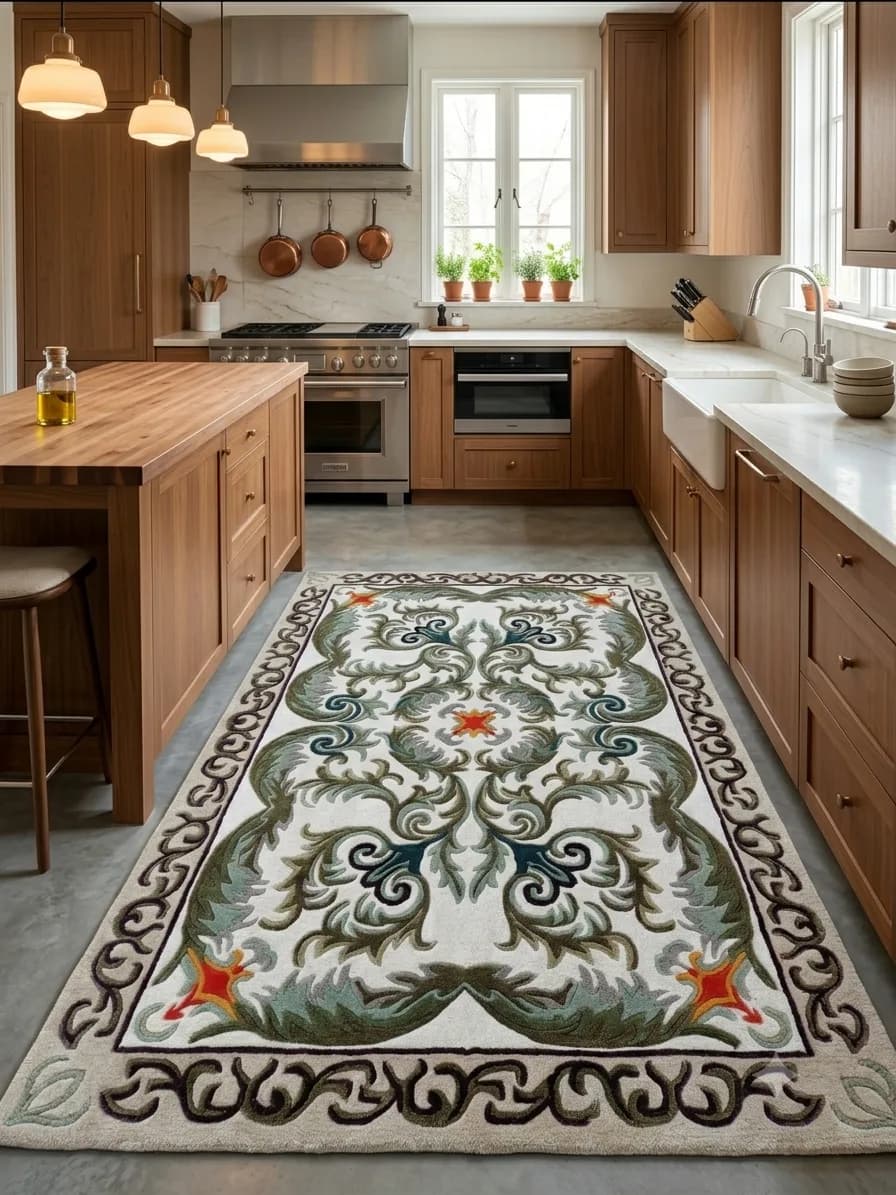 Traditional Floral Area Rug, Vintage Persian Style Rug, Ornamental Green Cream Rug, Elegant Living Room & Dining Room Decor