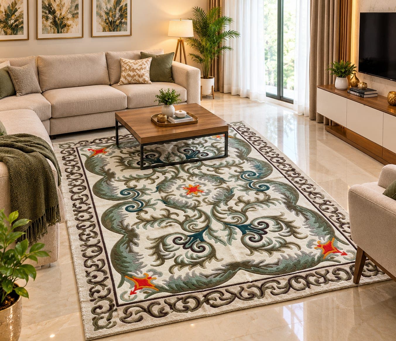 Traditional Floral Area Rug, Vintage Persian Style Rug, Ornamental Green Cream Rug, Elegant Living Room & Dining Room Decor