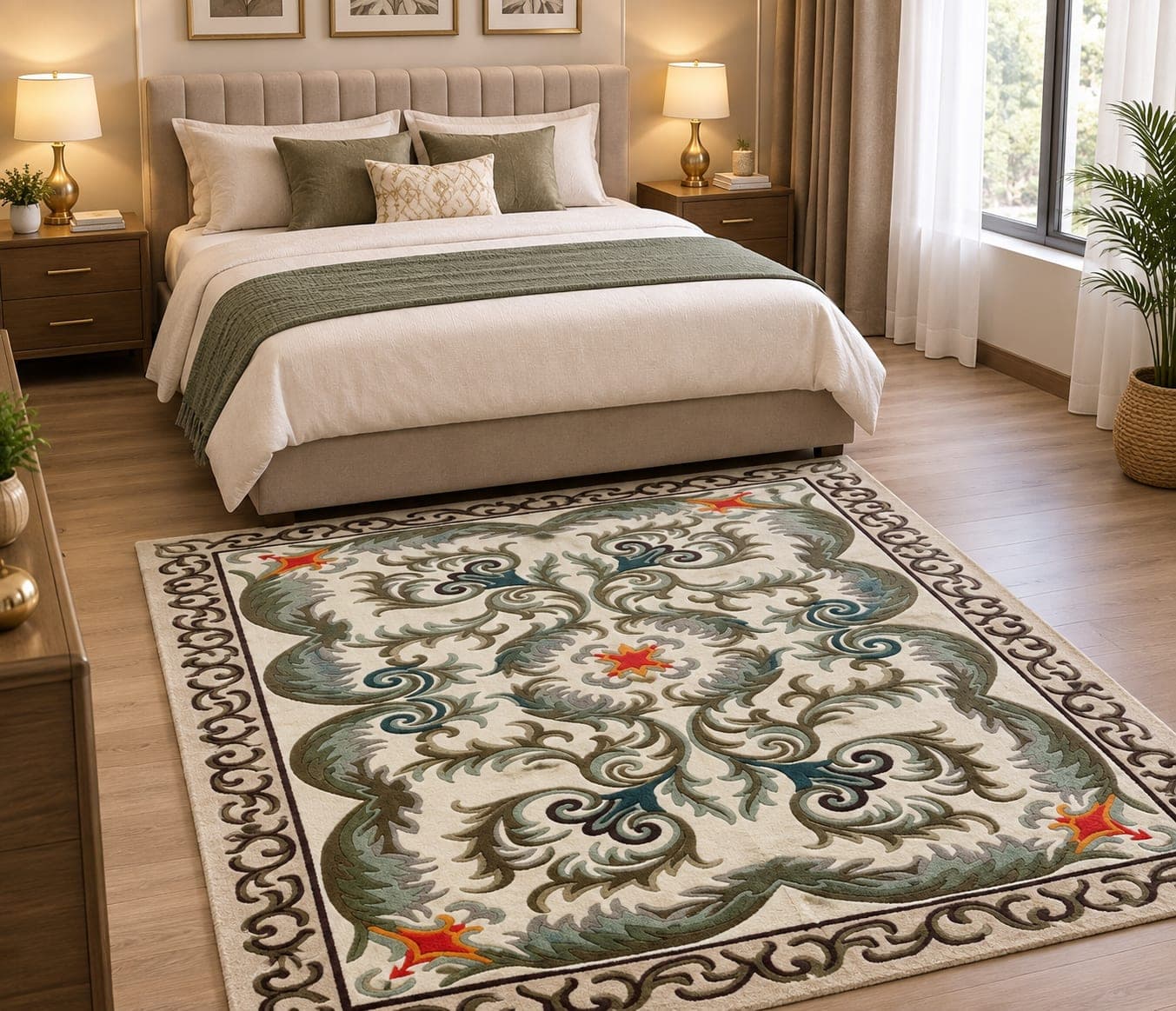 Traditional Floral Area Rug, Vintage Persian Style Rug, Ornamental Green Cream Rug, Elegant Living Room & Dining Room Decor
