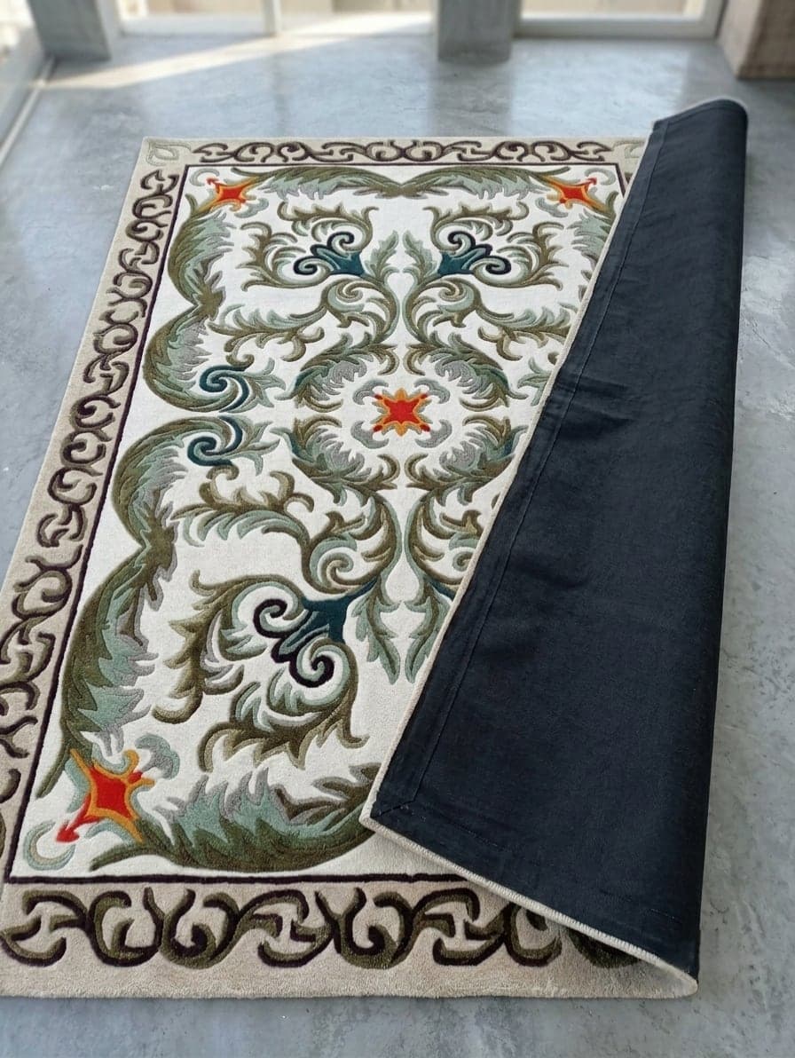 Traditional Floral Area Rug, Vintage Persian Style Rug, Ornamental Green Cream Rug, Elegant Living Room & Dining Room Decor